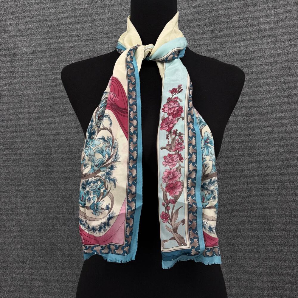 OSCAR DE LA RENTA Silk Floral Scarf Blue Ivory Rose